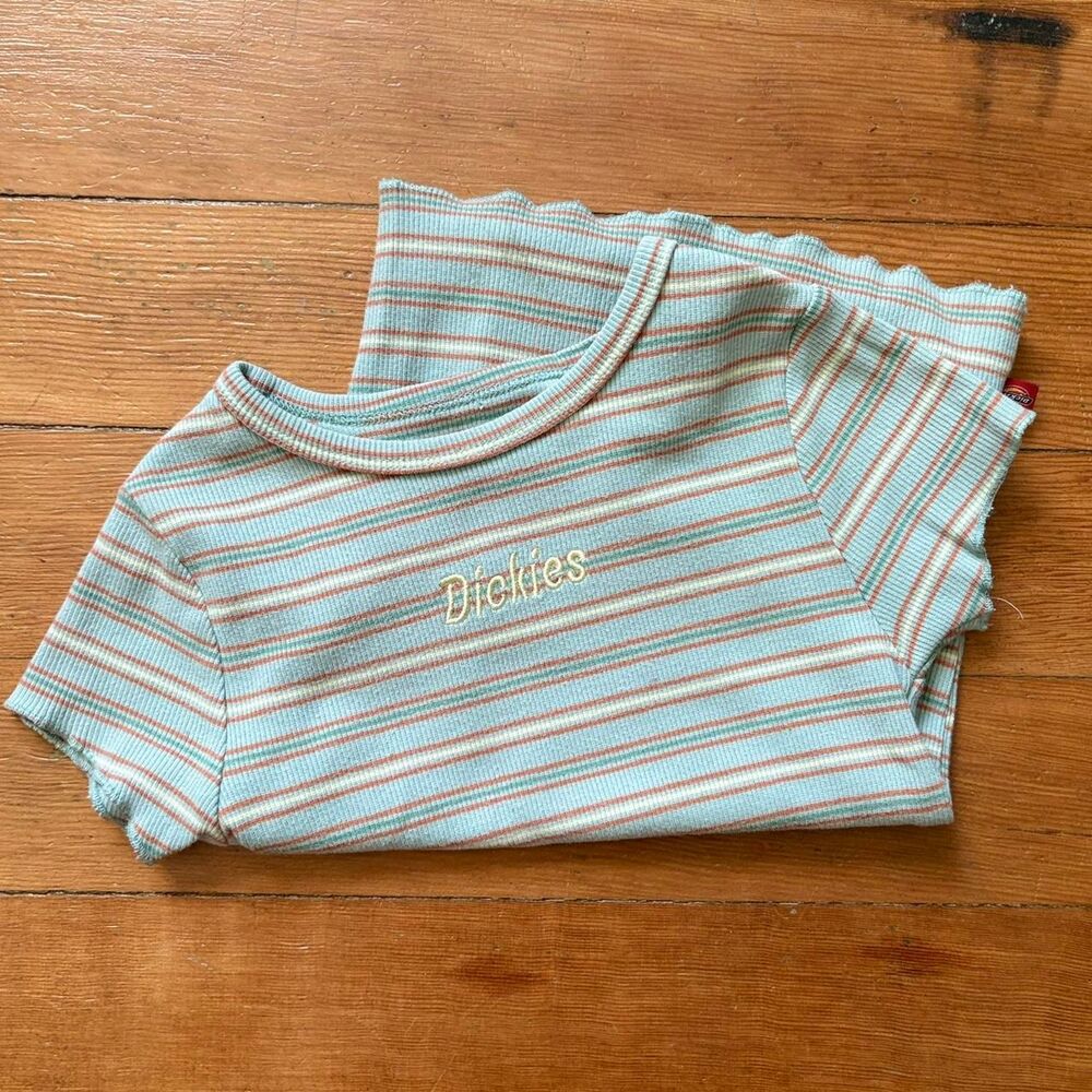 Dickies y2k baby blue, teal and pink candy striped stretchy baby tee Size S.